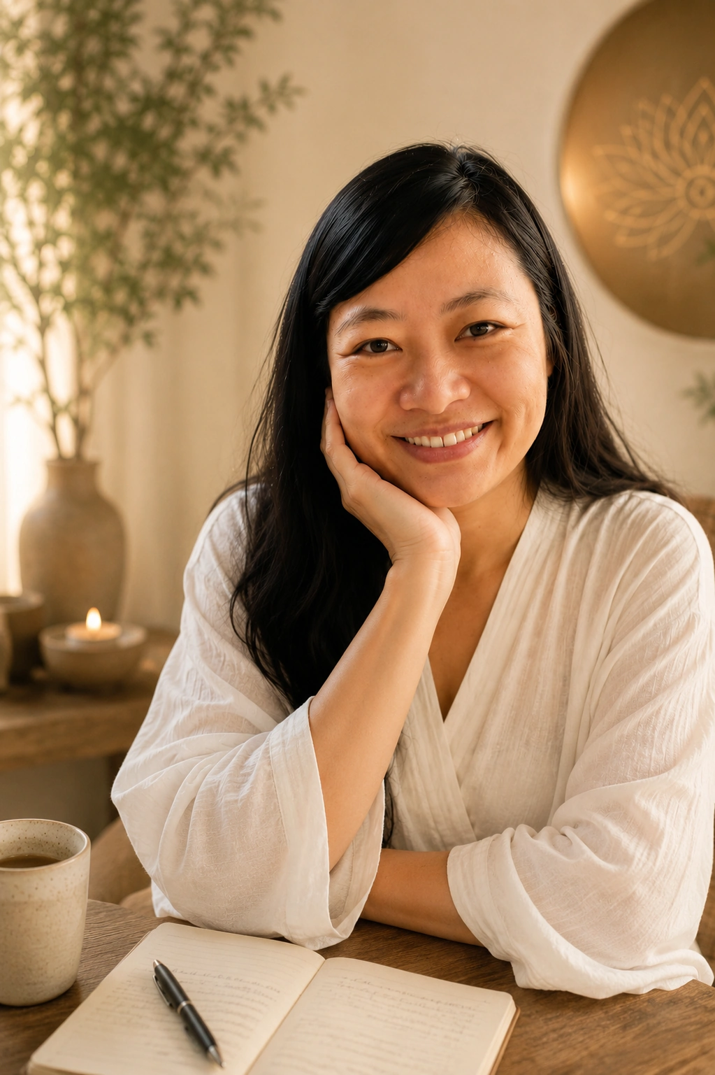 Lena Chen smiling beside her journal in her warm healing sanctuary